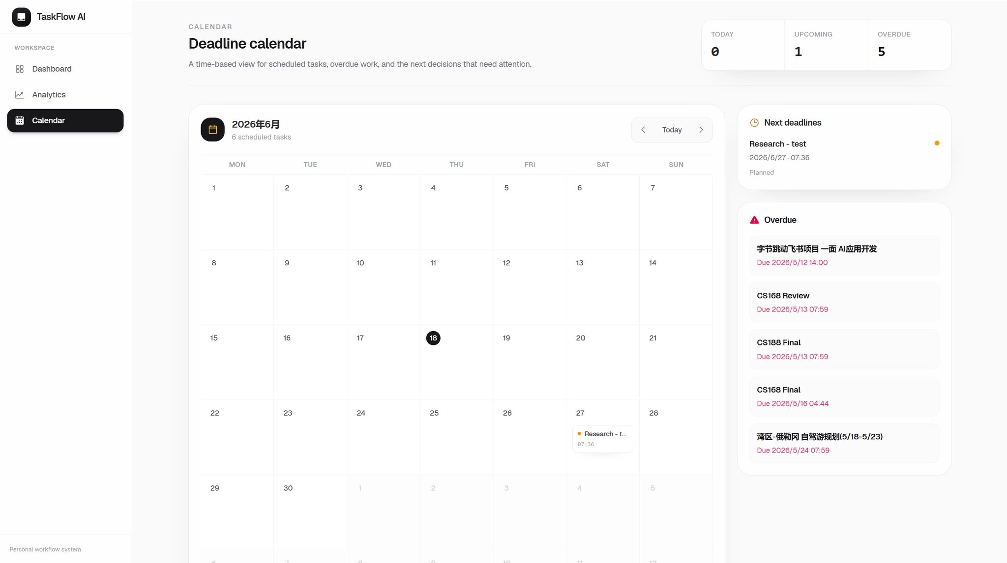 TaskFlow deadline calendar